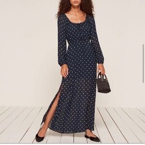 Reformation Augusta Dress Long Sleeve Side Slit in Punto Navy Polka Dot Size XS
